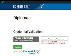 Image of the credential validation page where an ID is entered to validate the purchase a Certified Electronic Diploma