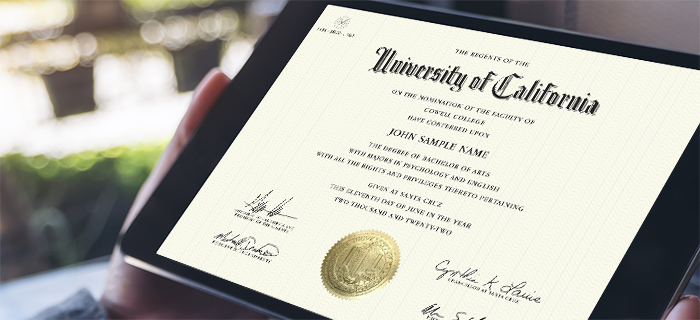 UC Santa Cruz digital diploma being displayed on a tablet device