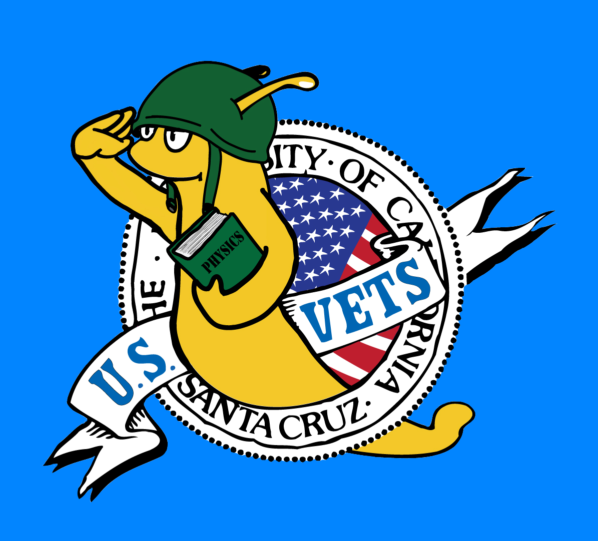 Drawing of Sammy Slug wearing a helmet in front of a U.S. Vets sign